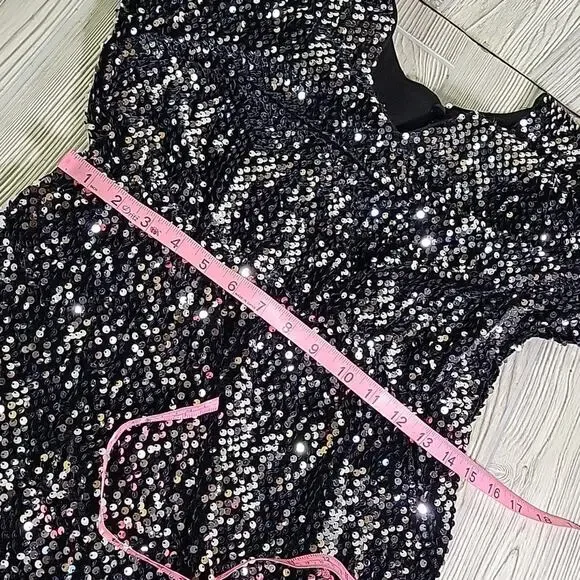 ICHI Wilde Black Silver Sequin Long Sleeve Dress V Neck Open Back Medium NEW - Picture 13 of 13